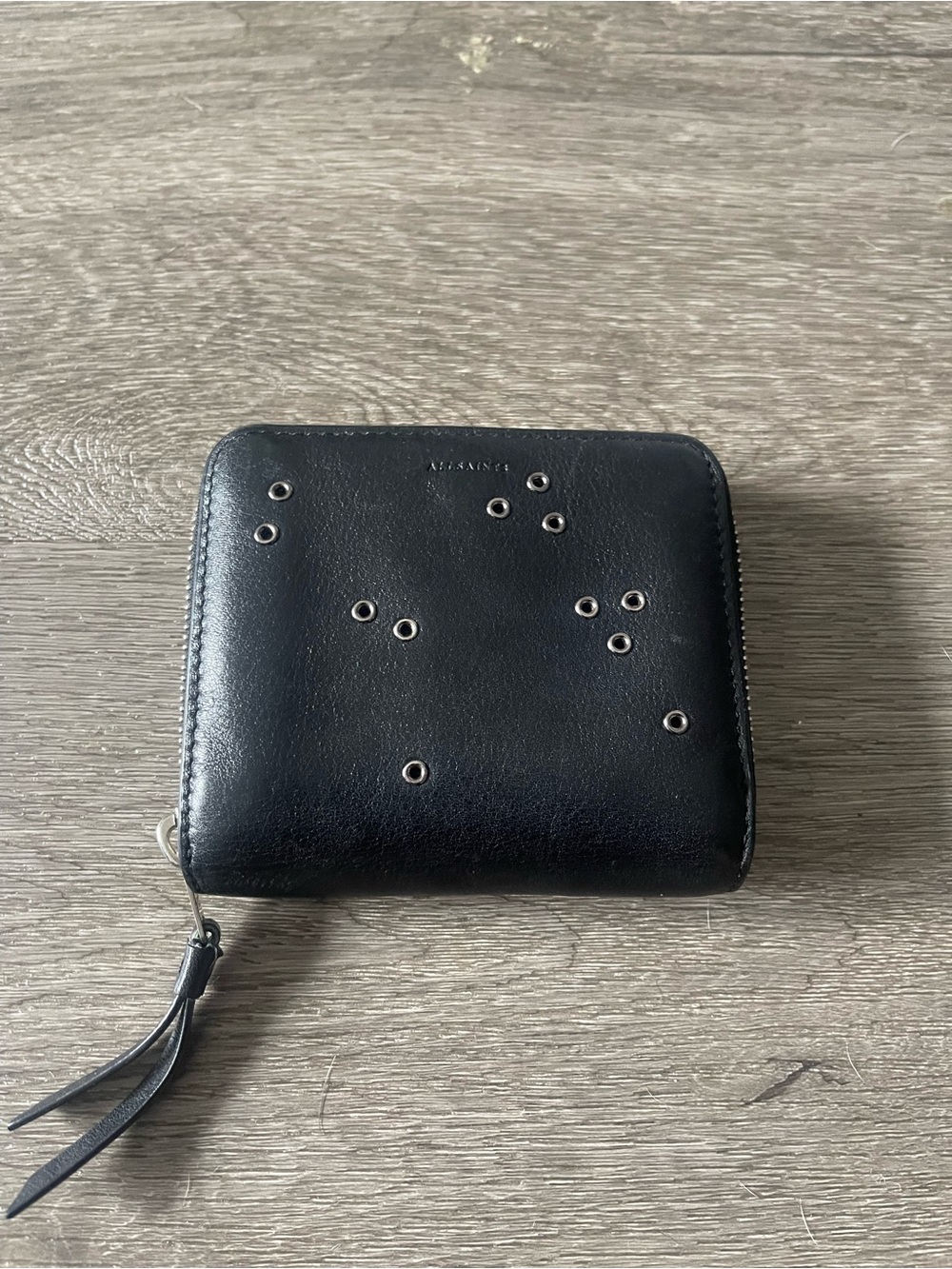AllSaints Black Leather Zip Wallet with Eyelet Detailing